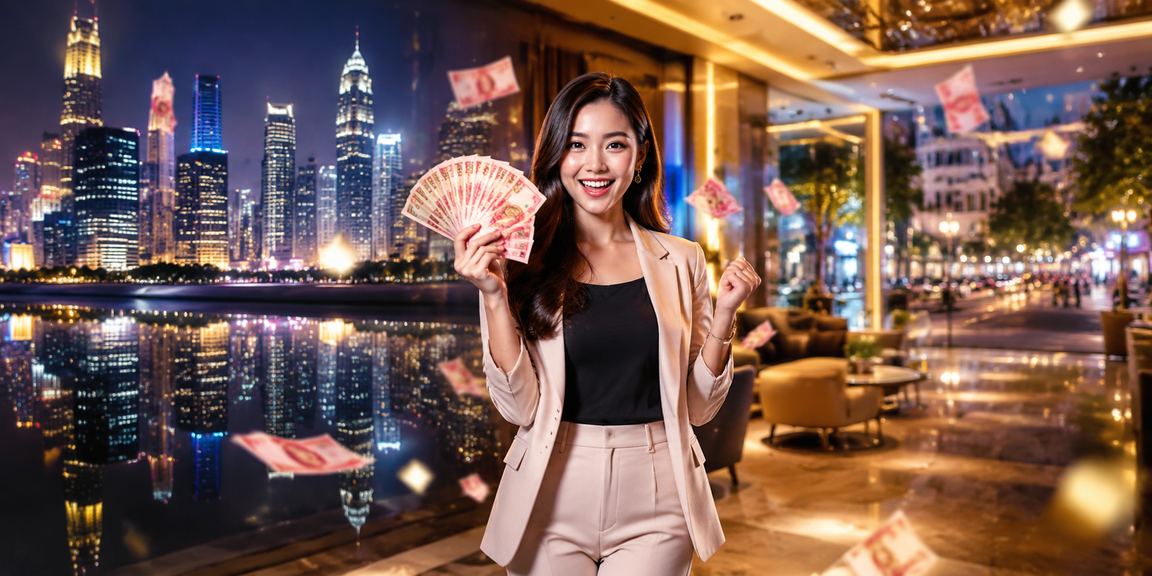 Model Vietnam menunjukkan bonus cashback di ponsel dengan ekspresi senang