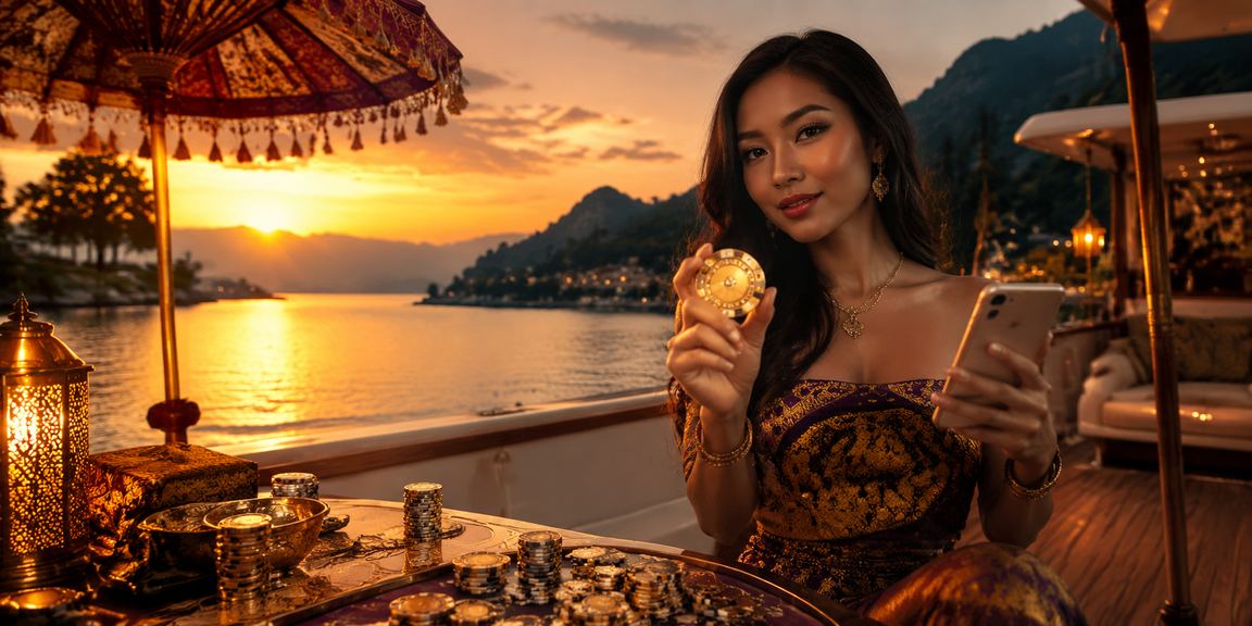 Model Vietnam tersenyum menunjukkan informasi bonus rebate di layar ponsel