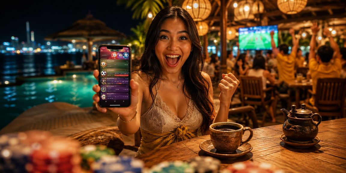 Pengguna mengakses platform casino di ponsel sambil menikmati kopi